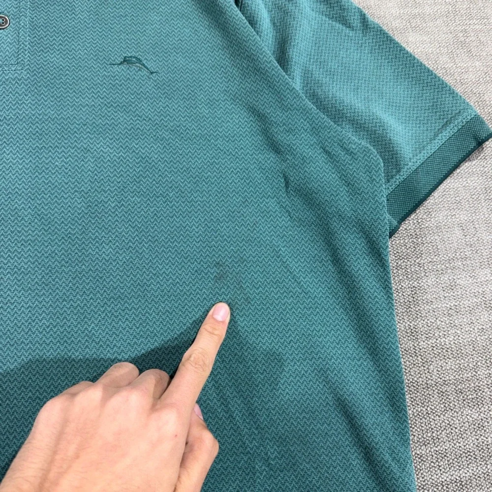 Tommy Bahama Polo Shirt Mens Large Teal Green Good Chevron Modal Blend Short Slv